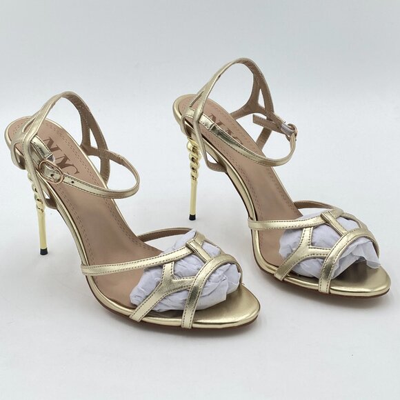 Gold Peep Toe Spiral High Heels Ankle Strap Sandals Cutout Summer Dress Shoe - Picture 1 of 6